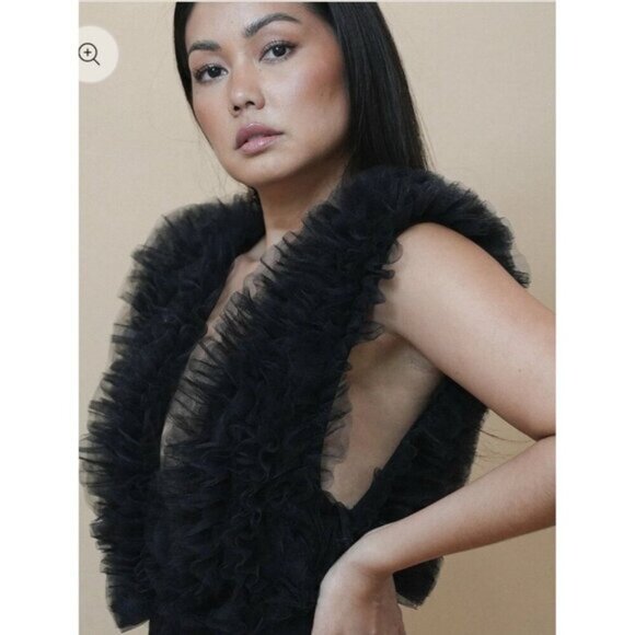 Klesis Women's Small Tulle Ruffled Black Deep-V Organza Bodysuit Sheer NEW - Picture 5 of 16